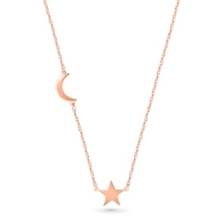 Offset Crescent Moon and Star Necklace in 10K Rose Gold - 17.25"