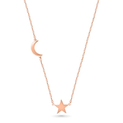 Offset Crescent Moon and Star Necklace in 10K Rose Gold - 17.25"