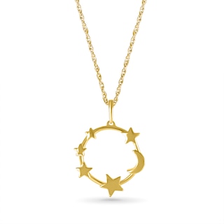 Crescent Moon and Graduated Star Open Circle Drop Pendant in 10K Gold