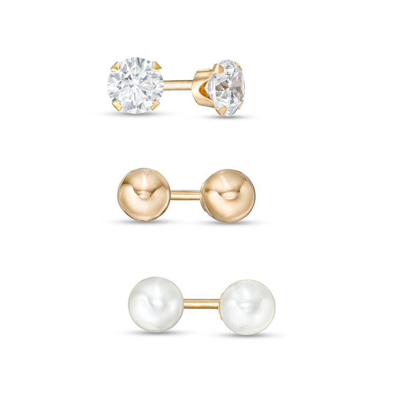 4.0mm Freshwater Cultured Pearl, Cubic Zirconia, and Ball Three Pair Stud Earrings Set in 14K Gold