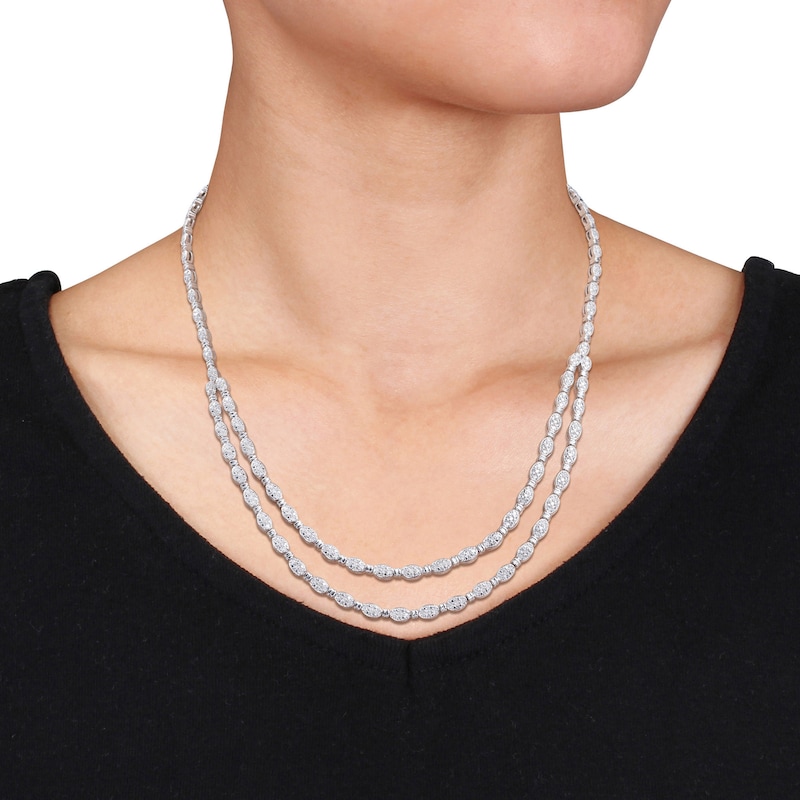 0.97 CT. T.W. Composite Oval-Shaped Diamond Double Strand Beaded Necklace in Sterling Silver – 17"