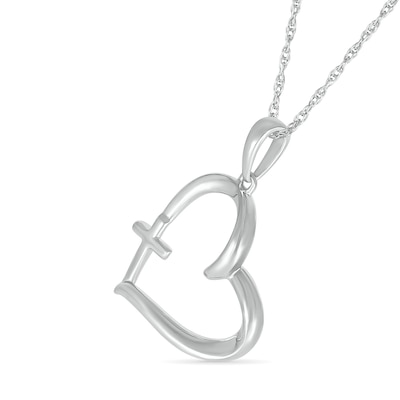 Tilted Heart Outline with Cross Pendant in 10K White Gold