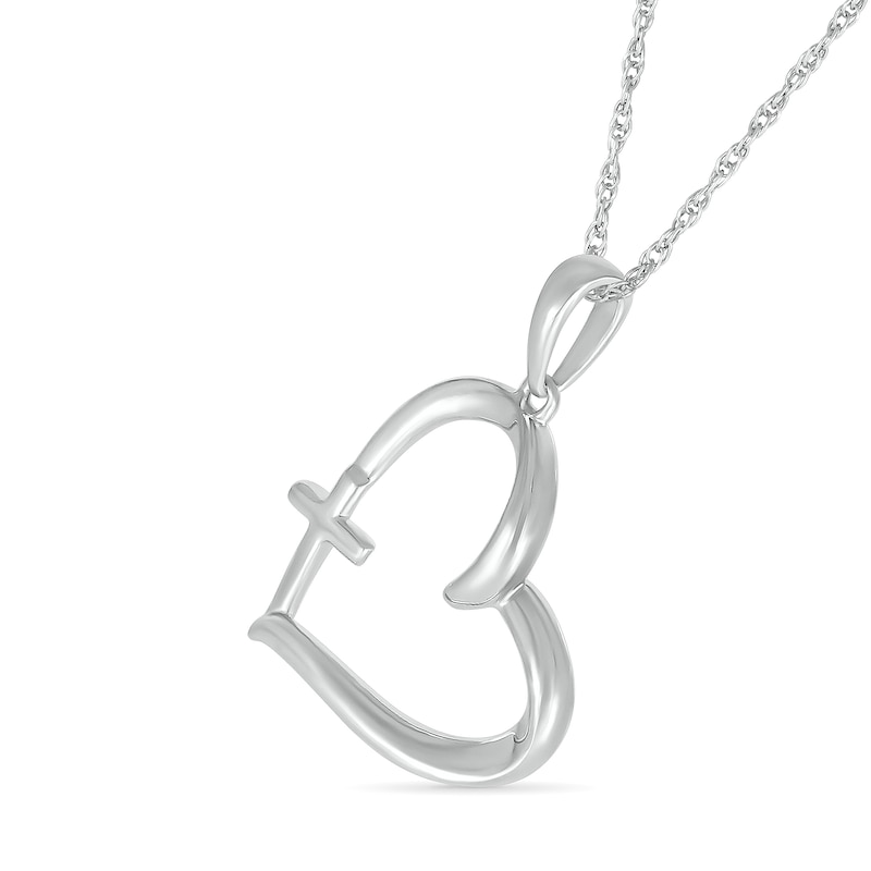 Tilted Heart Outline with Cross Pendant in 10K White Gold|Peoples Jewellers