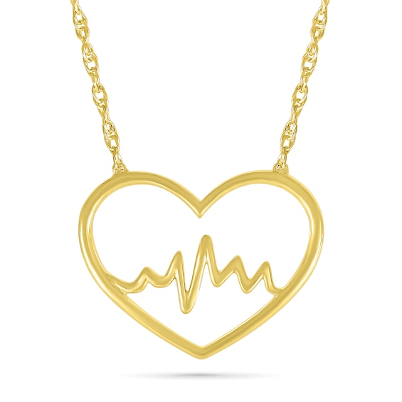 Heartbeat in Heart Outline Necklace in 10K Gold - 17.5"