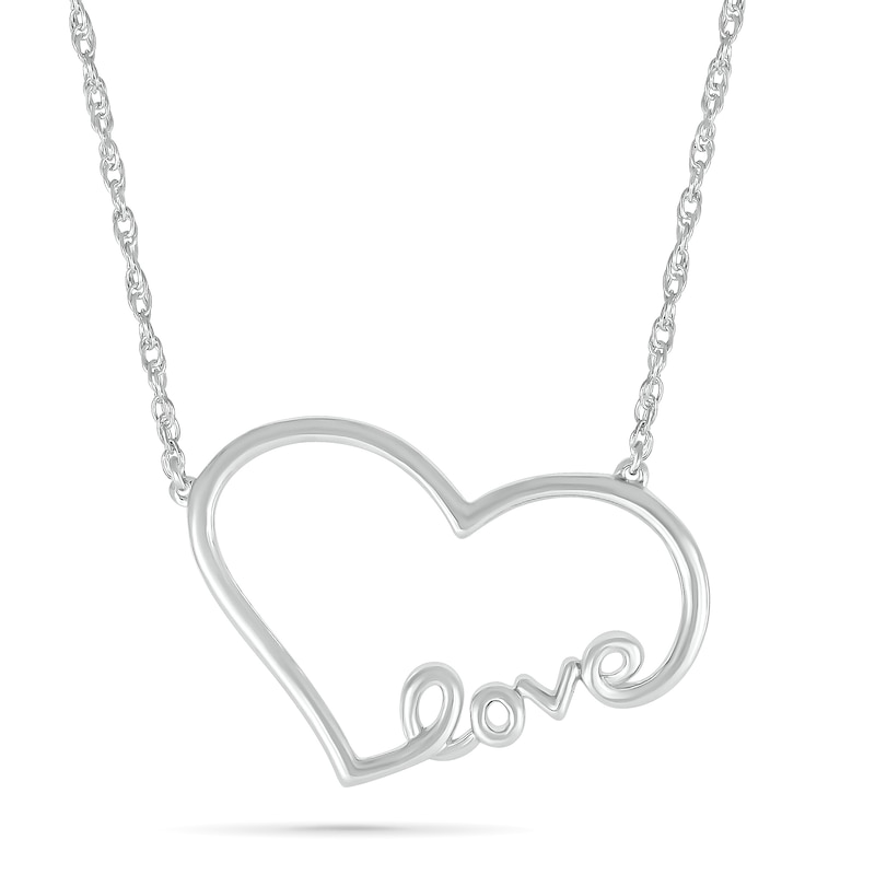 Heart Outline with Cursive "love" Necklace in 10K White Gold - 17.25"