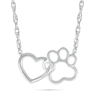 Interlocking Heart and Paw Print Outline Necklace in 10K White Gold - 17.5"