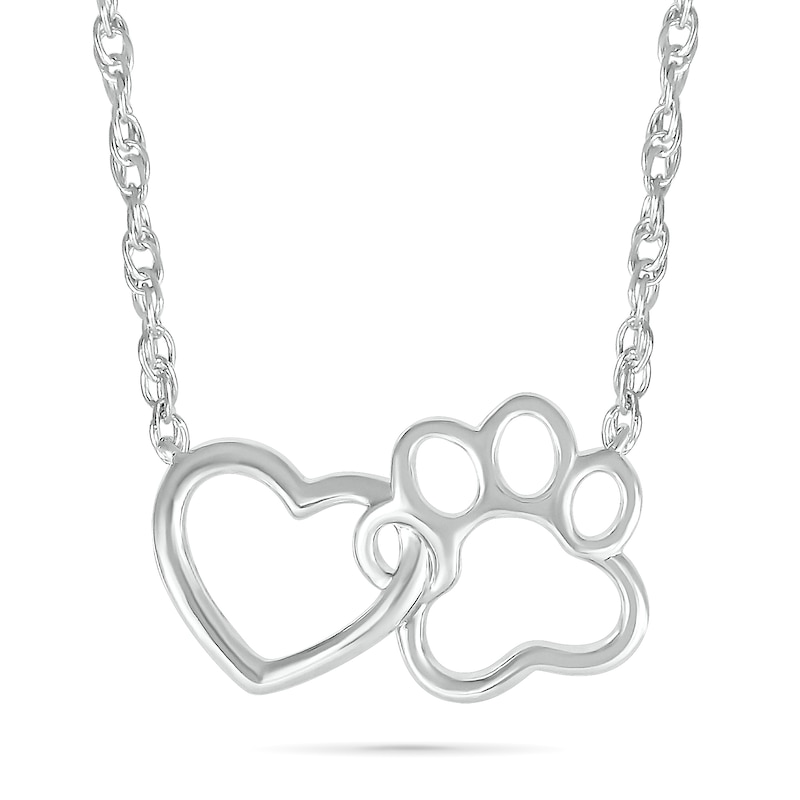 Interlocking Heart and Paw Print Outline Necklace in 10K White Gold - 17.5"|Peoples Jewellers