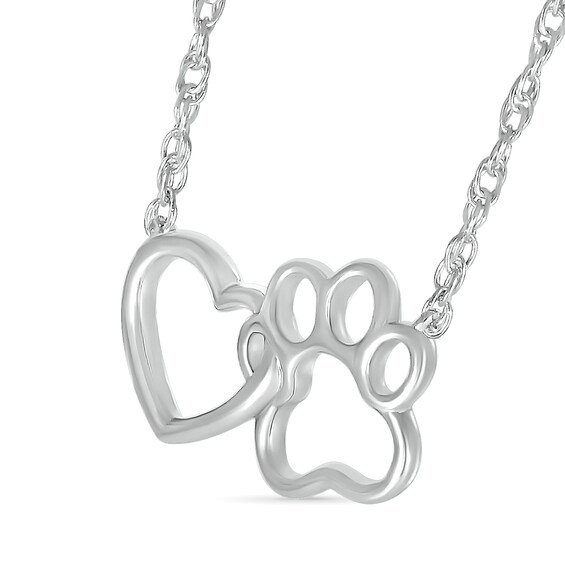 Interlocking Heart and Paw Print Outline Necklace in 10K White Gold - 17.5"