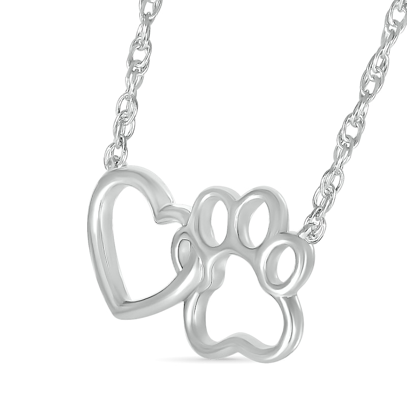 Interlocking Heart and Paw Print Outline Necklace in 10K White Gold - 17.5"|Peoples Jewellers