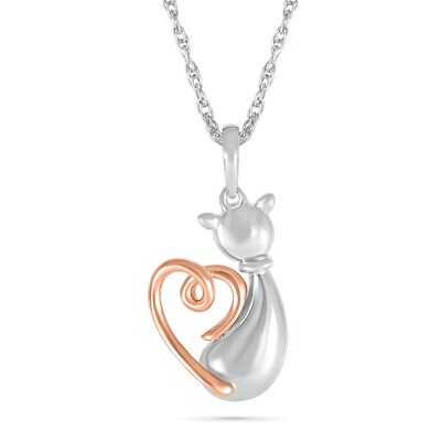 Cat with Loop Heart Tail Pendant in 10K Two-Tone Gold