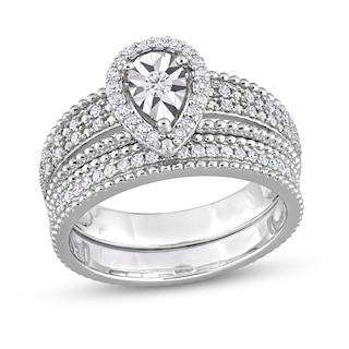 0.33 CT. T.W. Diamond Pear-Shaped Frame Beaded Multi-Row Bridal Set in Sterling Silver