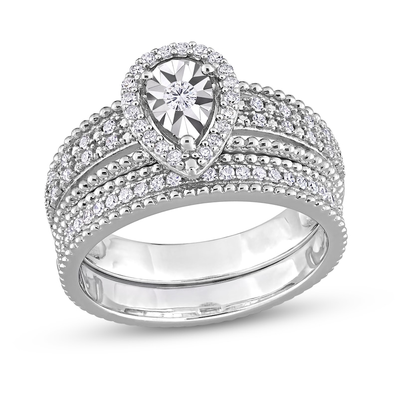 0.33 CT. T.W. Diamond Pear-Shaped Frame Beaded Multi-Row Bridal Set in Sterling Silver|Peoples Jewellers