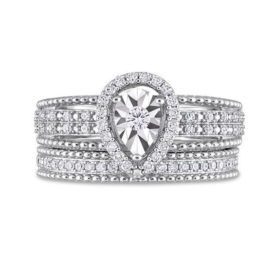 0.33 CT. T.W. Diamond Pear-Shaped Frame Beaded Multi-Row Bridal Set in Sterling Silver