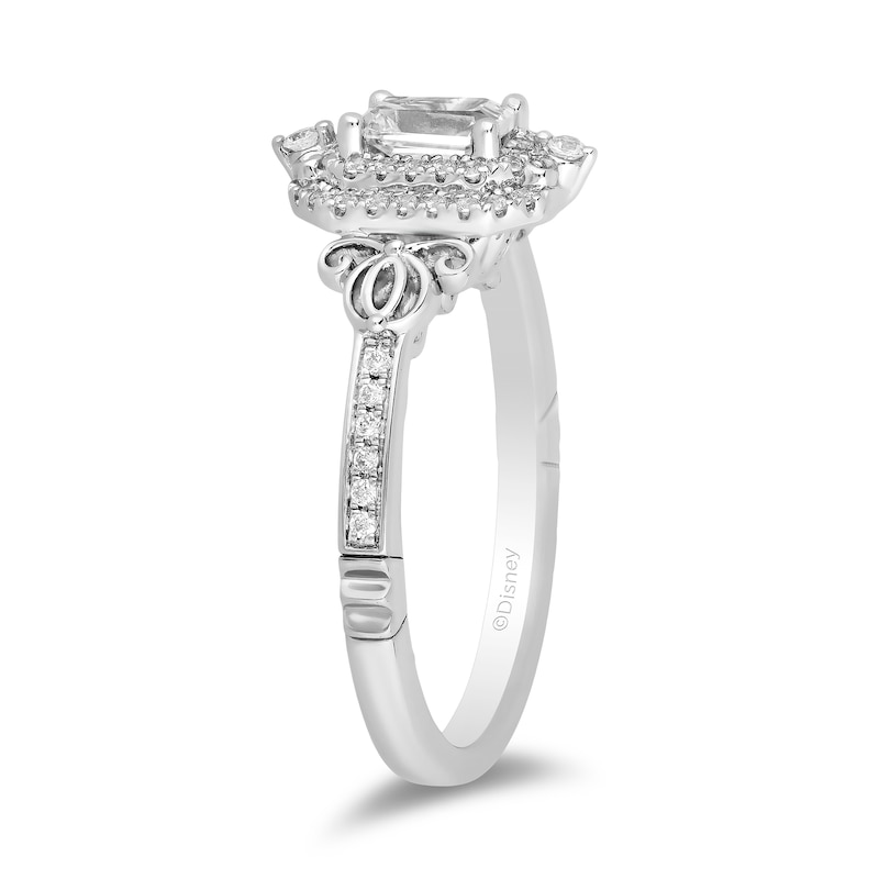 Enchanted Disney Cinderella 0.69 CT. T.W. Emerald-Cut Diamond Double Frame Carriage Engagement Ring in 14K White Gold|Peoples Jewellers