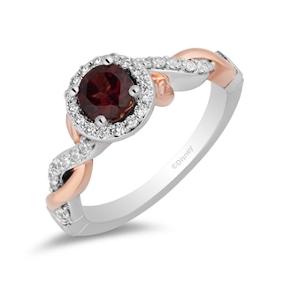 Enchanted Disney Snow White 5.0mm Garnet and 0.29 CT. T.W. Diamond Twist Shank Engagement Ring in 14K Two-Tone Gold