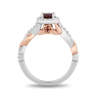 Enchanted Disney Snow White 5.0mm Garnet and 0.29 CT. T.W. Diamond Twist Shank Engagement Ring in 14K Two-Tone Gold