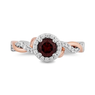 Enchanted Disney Snow White 5.0mm Garnet and 0.29 CT. T.W. Diamond Twist Shank Engagement Ring in 14K Two-Tone Gold