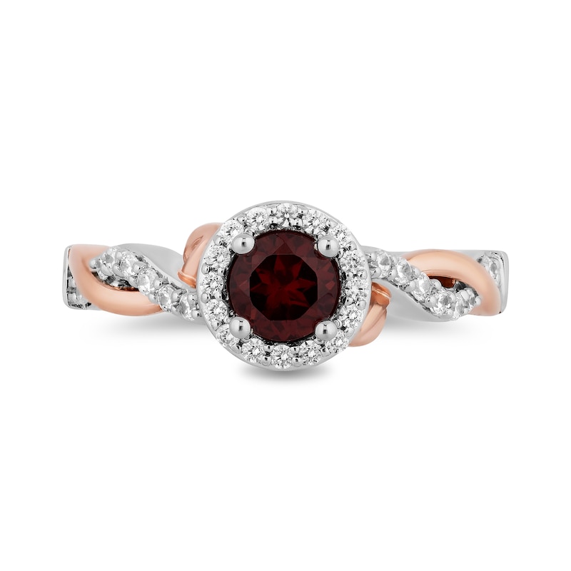 Enchanted Disney Snow White 5.0mm Garnet and 0.29 CT. T.W. Diamond Twist Shank Engagement Ring in 14K Two-Tone Gold|Peoples Jewellers