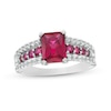 Thumbnail Image 0 of Emerald-Cut Lab-Created Ruby and White Lab-Created Sapphire Triple Row Ring in Sterling Silver