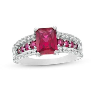 Emerald-Cut Lab-Created Ruby and White Lab-Created Sapphire Triple Row Ring in Sterling Silver