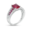 Thumbnail Image 2 of Emerald-Cut Lab-Created Ruby and White Lab-Created Sapphire Triple Row Ring in Sterling Silver