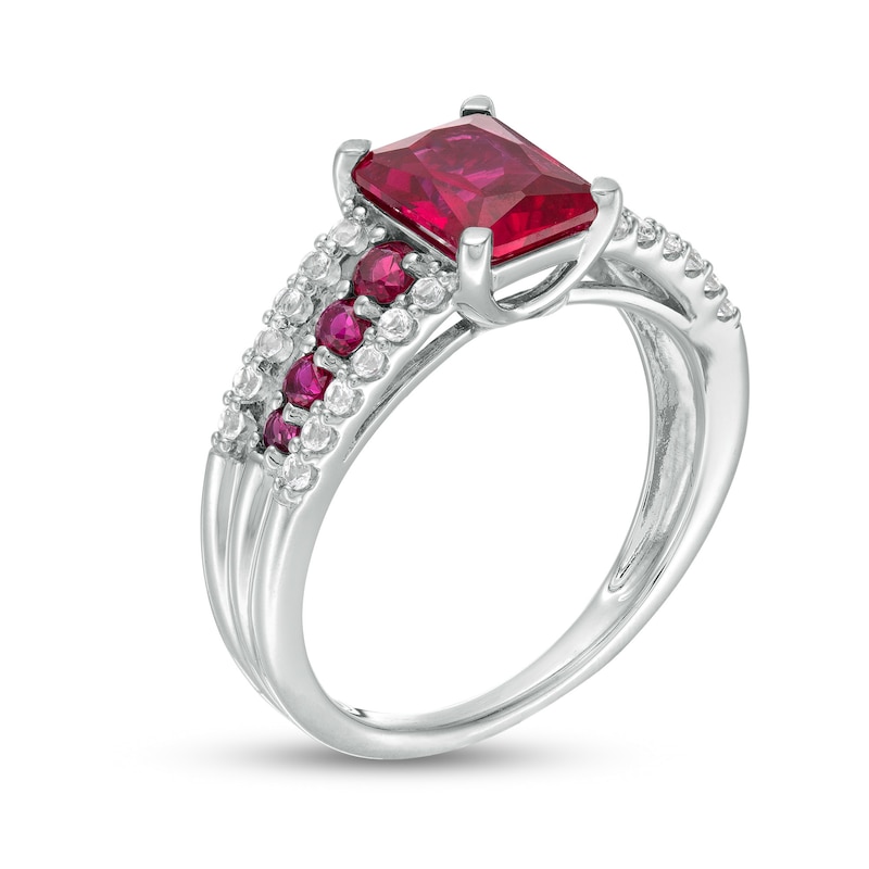 Emerald-Cut Lab-Created Ruby and White Lab-Created Sapphire Triple Row Ring in Sterling Silver
