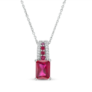 Emerald-Cut Lab-Created Ruby and White Lab-Created Sapphire Triple Row Bail Pendant in Sterling Silver