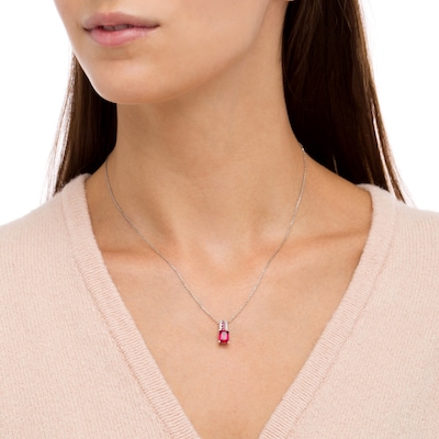 Emerald-Cut Lab-Created Ruby and White Lab-Created Sapphire Triple Row Bail Pendant in Sterling Silver