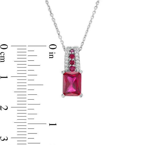 Emerald-Cut Lab-Created Ruby and White Lab-Created Sapphire Triple Row Bail Pendant in Sterling Silver