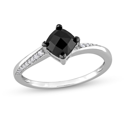 1.06 CT. T.W. Cushion-Shaped Black Enhanced and White Diamond Tilted Bypass Engagement Ring in 10K White Gold