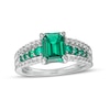 Thumbnail Image 0 of Emerald-Cut Lab-Created Emerald and White Lab-Created Sapphire Triple Row Ring in Sterling Silver