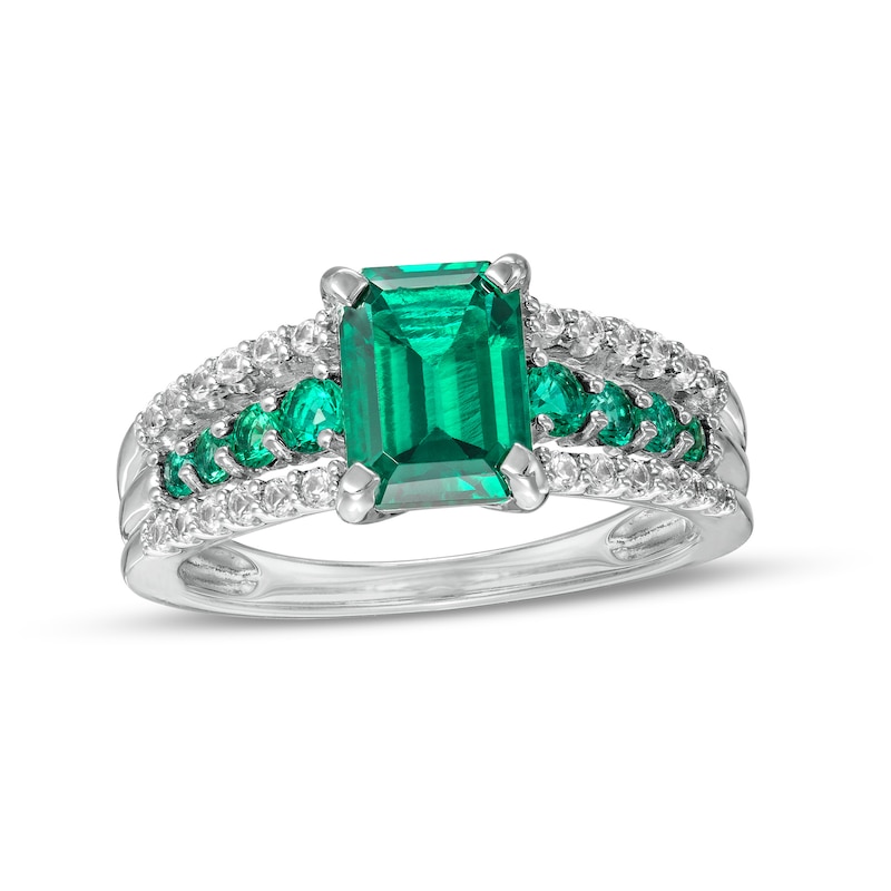 Emerald-Cut Lab-Created Emerald and White Lab-Created Sapphire Triple Row Ring in Sterling Silver