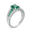 Thumbnail Image 2 of Emerald-Cut Lab-Created Emerald and White Lab-Created Sapphire Triple Row Ring in Sterling Silver