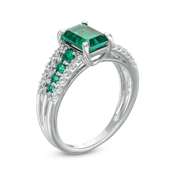 Emerald-Cut Lab-Created Emerald and White Lab-Created Sapphire Triple Row Ring in Sterling Silver