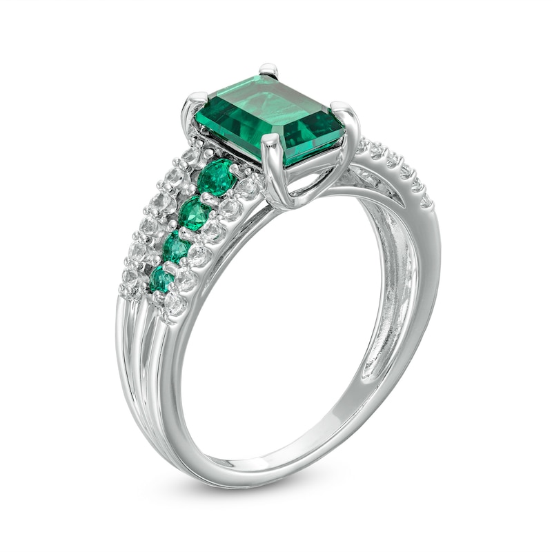 Emerald-Cut Lab-Created Emerald and White Lab-Created Sapphire Triple Row Ring in Sterling Silver|Peoples Jewellers