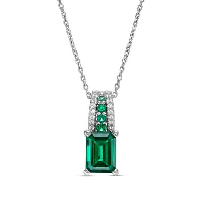 Emerald-Cut Lab-Created Emerald and White Lab-Created Sapphire Triple Row Bail Pendant in Sterling Silver