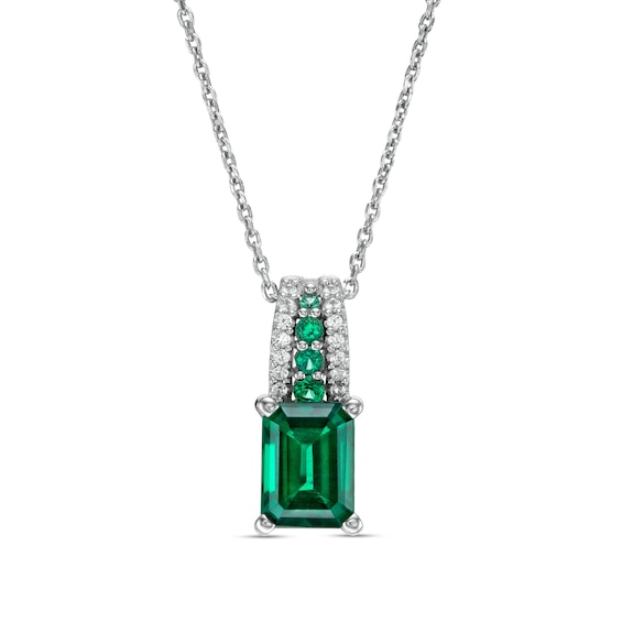 Emerald-Cut Lab-Created Emerald and White Lab-Created Sapphire Triple Row Bail Pendant in Sterling Silver