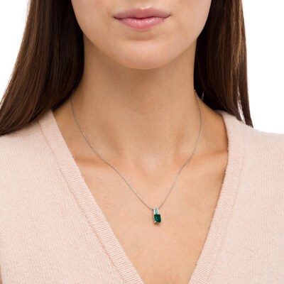 Emerald-Cut Lab-Created Emerald and White Lab-Created Sapphire Triple Row Bail Pendant in Sterling Silver