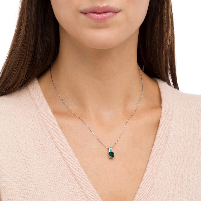 Emerald-Cut Lab-Created Emerald and White Lab-Created Sapphire Triple Row Bail Pendant in Sterling Silver|Peoples Jewellers