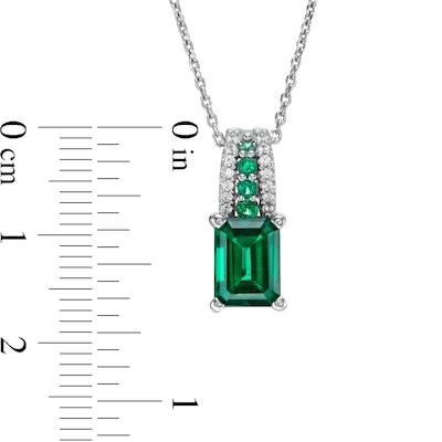 Emerald-Cut Lab-Created Emerald and White Lab-Created Sapphire Triple Row Bail Pendant in Sterling Silver