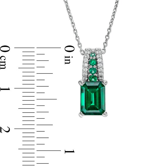 Emerald-Cut Lab-Created Emerald and White Lab-Created Sapphire Triple Row Bail Pendant in Sterling Silver