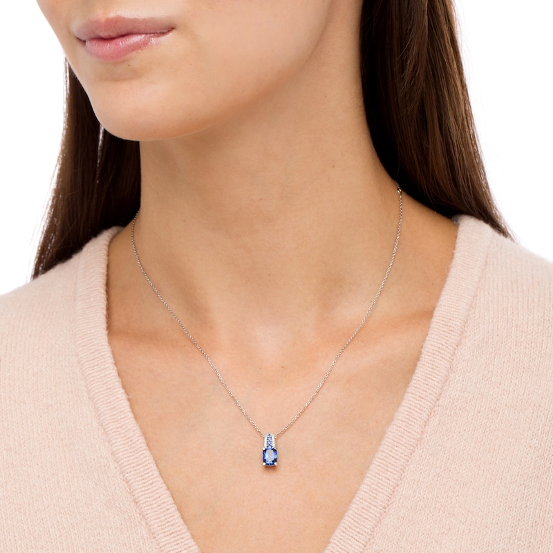 Main Image 2 of Emerald-Cut Blue and White Lab-Created Sapphire Triple Row Bail Pendant in Sterling Silver