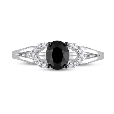 1.02 CT. T.W. Oval Black Enhanced and White Diamond Split Shank Engagement Ring in 14K White Gold