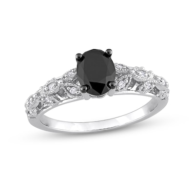 1.03 CT. T.W. Oval Black Enhanced and White Diamond Vine Shank Engagement Ring in 14K White Gold