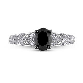 1.03 CT. T.W. Oval Black Enhanced and White Diamond Vine Shank Engagement Ring in 14K White Gold