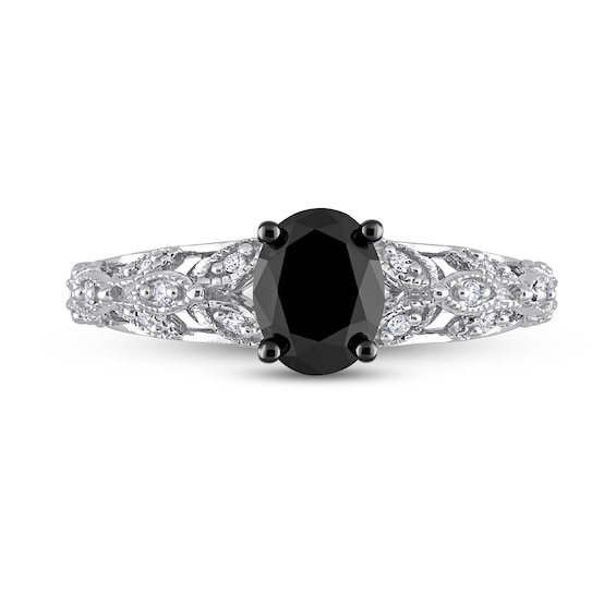 1.03 CT. T.W. Oval Black Enhanced and White Diamond Vine Shank Engagement Ring in 14K White Gold