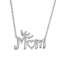 0.04 CT. T.W. Diamond Crowned &quot;Mom&quot; with Heart Necklace in Sterling Silver