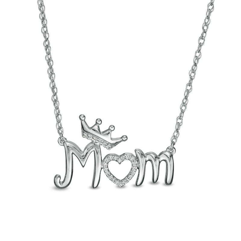 0.04 CT. T.W. Diamond Crowned "Mom" with Heart Necklace in Sterling Silver
