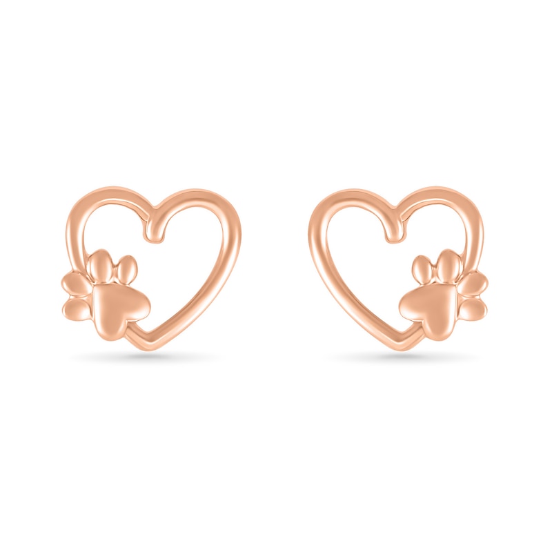 Heart-Shaped Paw Print Loop Heart Stud Earrings in 10K Rose Gold