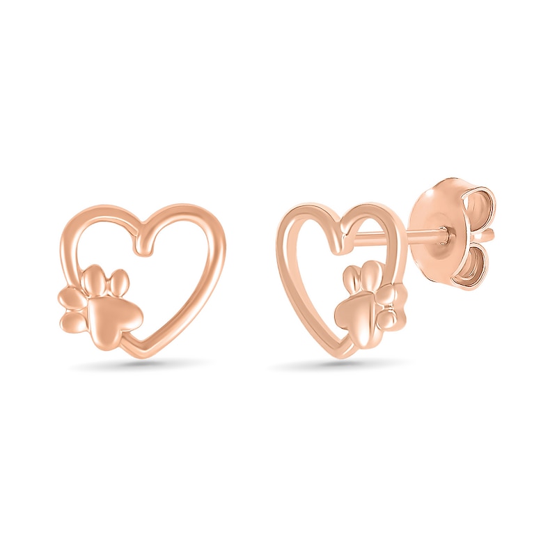 Heart-Shaped Paw Print Loop Heart Stud Earrings in 10K Rose Gold|Peoples Jewellers